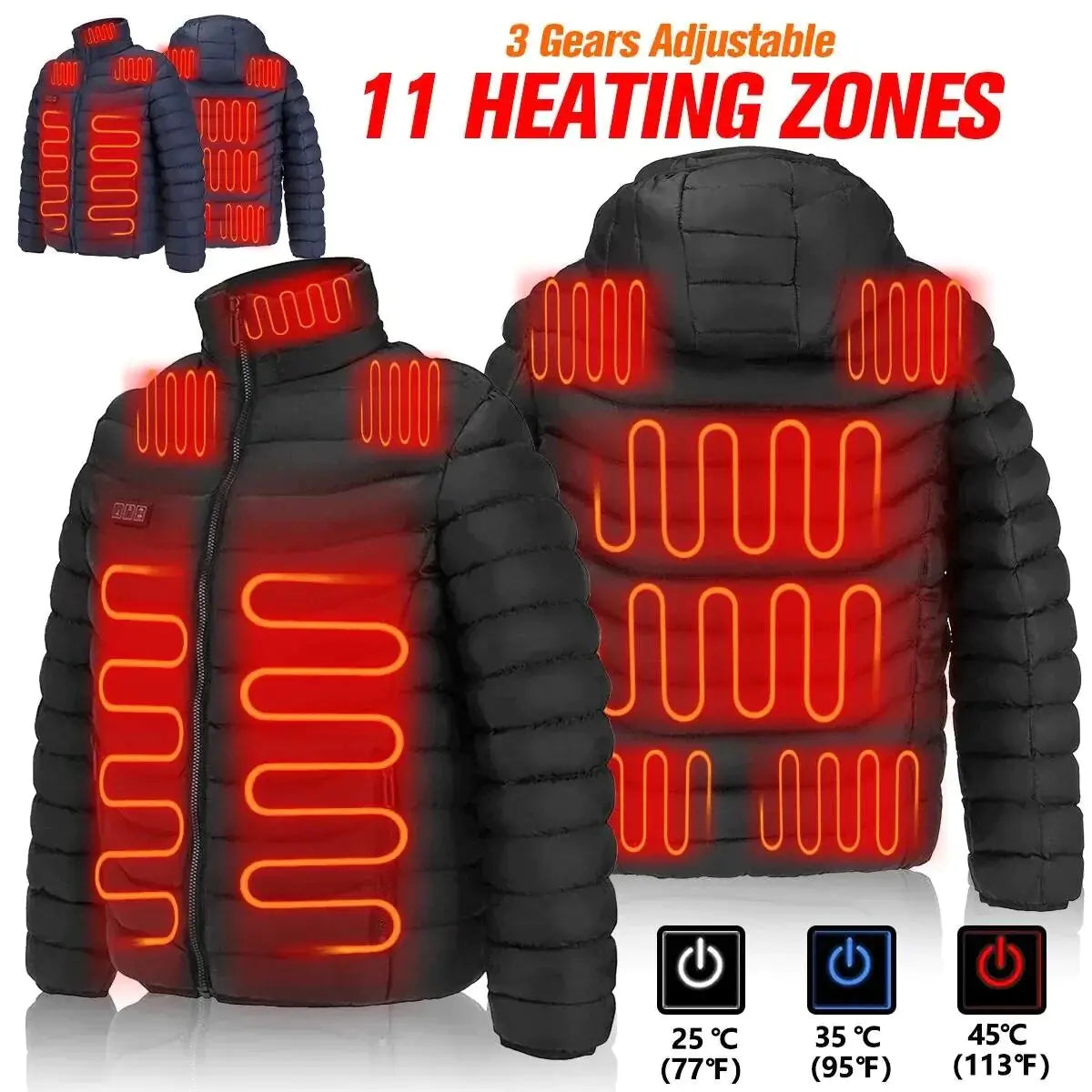 Men's Warm USB Heating Jackets for Winter Waterproof Warm Jackets with Smart Thermostat, Pure Color Hooded Heated Clothes