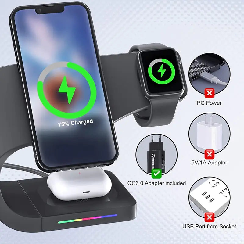 3-in-1 Wireless Charging Device Ideal for concurrently charging smartwatch, smartphone, and earbuds