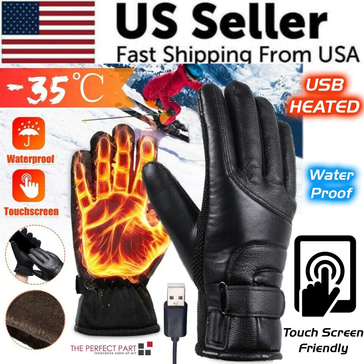 Electric Gloves with USB Heating Thermal Ski Snow Hand Warm Windproof Winter Warming