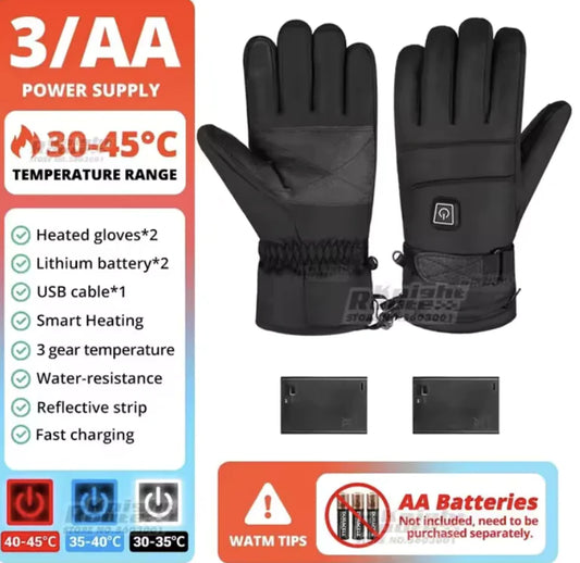 Battery-operated, touchscreen, heated, waterproof motorcycle gloves for skiing and racing in the winter