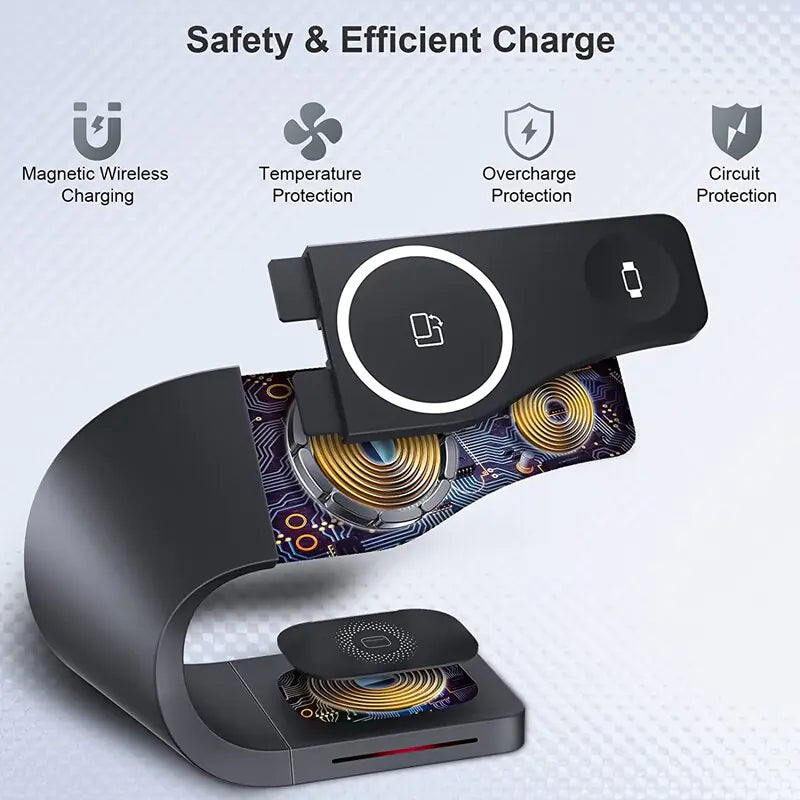 3-in-1 Wireless Charging Device Ideal for concurrently charging smartwatch, smartphone, and earbuds