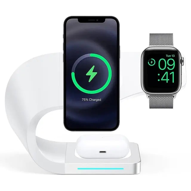 3-in-1 Wireless Charging Device Ideal for concurrently charging smartwatch, smartphone, and earbuds