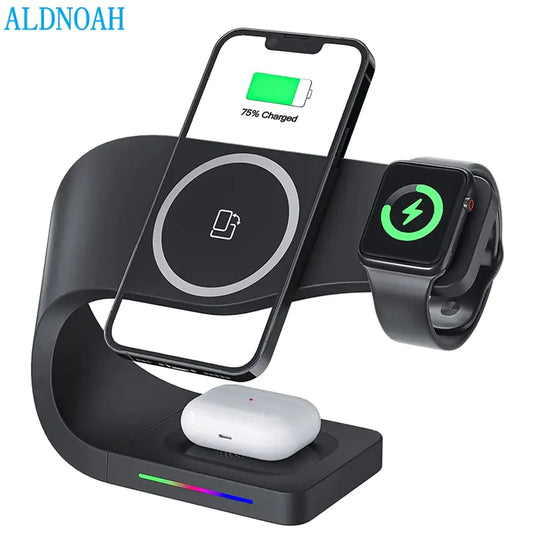 3-in-1 Wireless Charging Device Ideal for concurrently charging smartwatch, smartphone, and earbuds