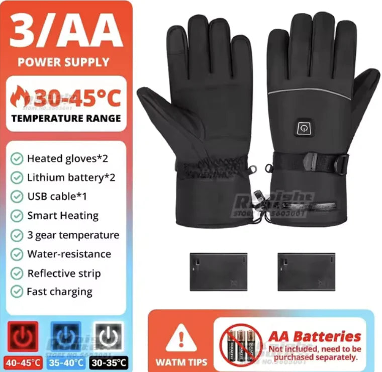 Battery-operated, touchscreen, heated, waterproof motorcycle gloves for skiing and racing in the winter