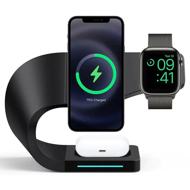 3-in-1 Wireless Charging Device Ideal for concurrently charging smartwatch, smartphone, and earbuds